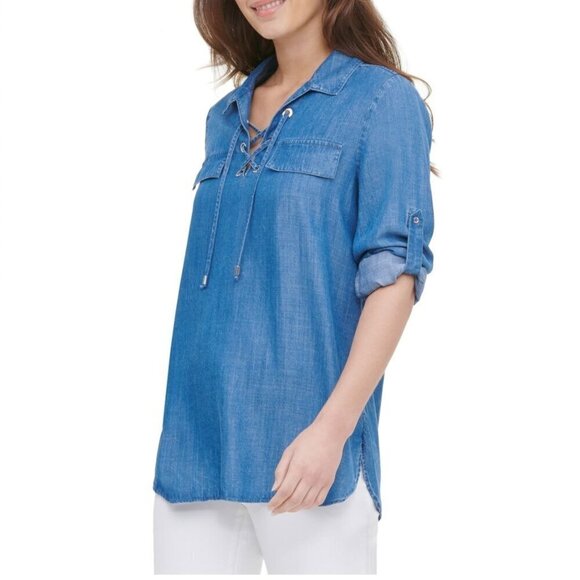 Calvin Klein NWOT Roll Sleeve Lace Up Chambray Blouse Size S - Picture 4 of 8